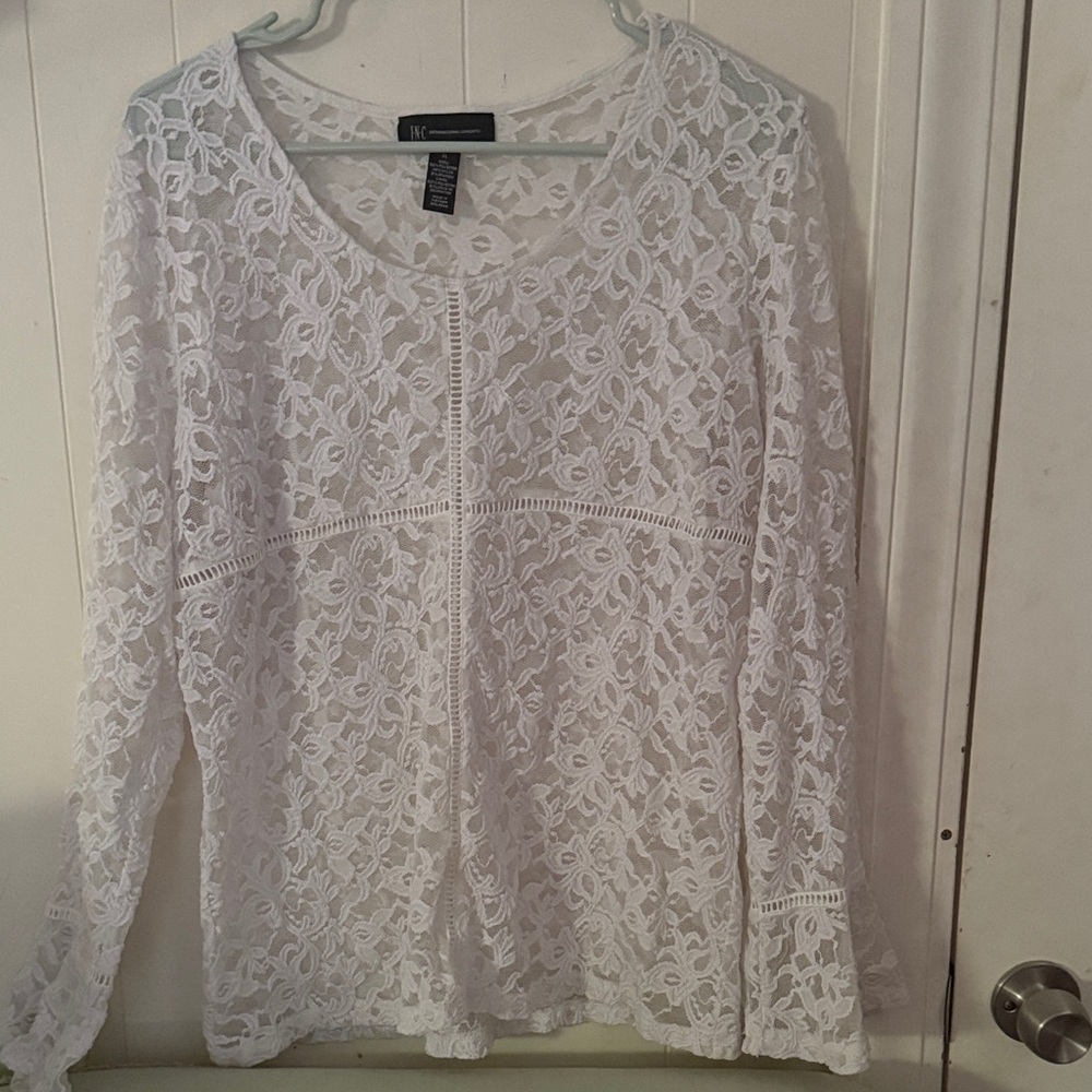 INC International Concepts White Lace Long-Sleeve Blouse